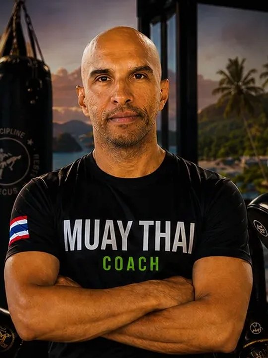Ketul, assistant coach, arms crossed in a Muay Thai Coach T-shirt
