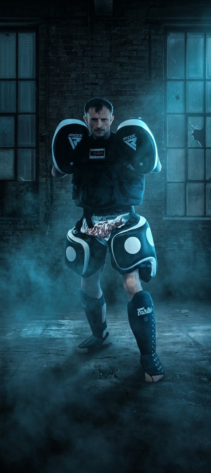 Blake in full pad-holder gear: thai pads, belly pad and thigh pads