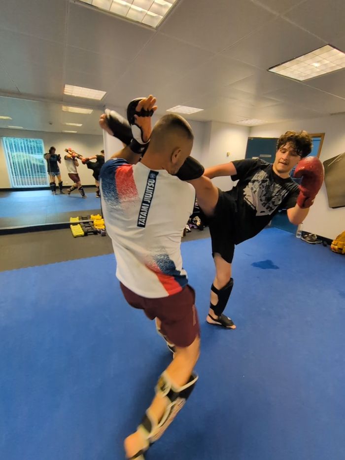 Head kick onto a pad held high
